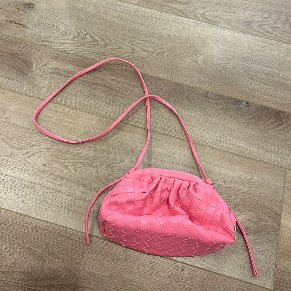 Pink Woven Faux Leather Shoulder Bag with Adjustable Strap